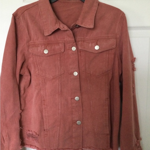 Denim Jacket NEW Large Raw Hemline Coral Salmon in Color - Picture 1 of 16